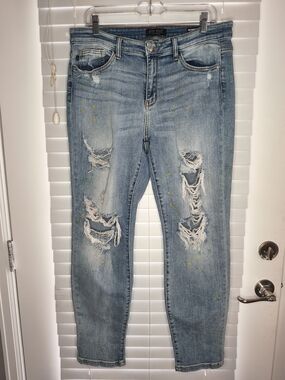 Judy Blue Boyfriend Jeans Distressed Ripped Paint Splatter Stretch Women's Sz 32